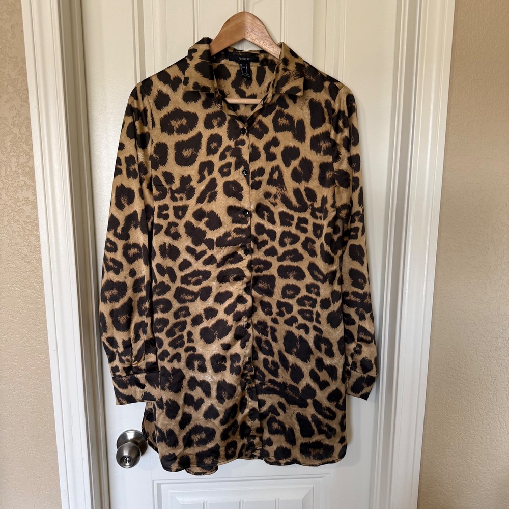 Forever‎ 21 Leopard Print Button Down Shirt Dress Women's Size Medium - Picture 2 of 7